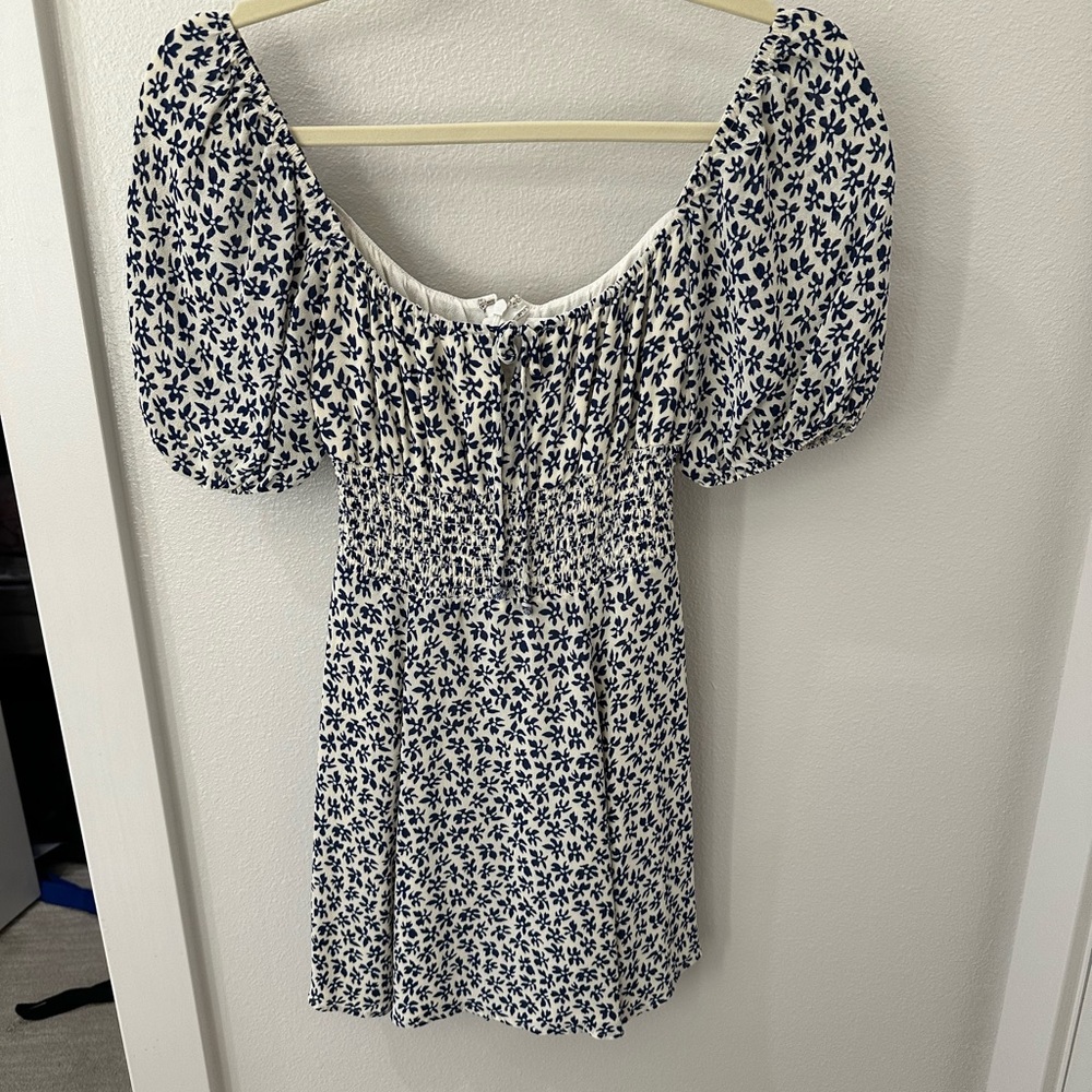 Reformation Cream Dress with Navy Floral Motif